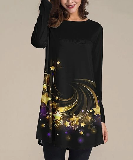Cheapest ๐ Nanu | Black & Gold Star Long-Sleeve Tunic - ๐ฉ Women & Plus โจ
