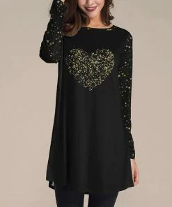 Promo ❤️ Nanu | Black & Gold Star Heart Long-Sleeve Tunic - 👩 Women & Plus ❤️