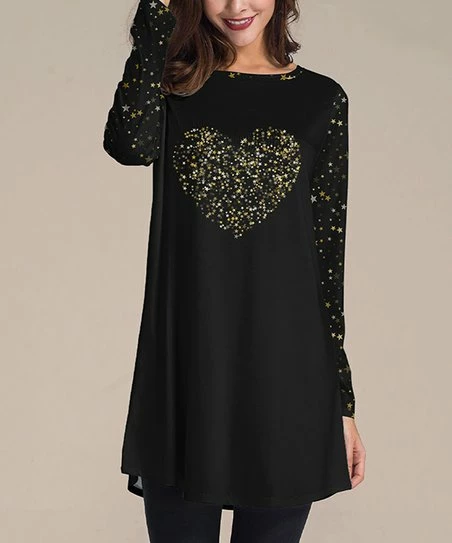 Promo ❤️ Nanu | Black & Gold Star Heart Long-Sleeve Tunic - 👩 Women & Plus ❤️