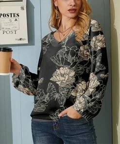 Cheap 💯 Nanu | Black & Taupe Floral V-Neck Chiffon Tunic - 👩 Women & Plus 🎉