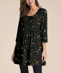 Promo 👏 Nanu | Black & Gold Stars Three-Quarter Sleeve Empire-Waist Tunic - 👩 Women & Plus ⌛