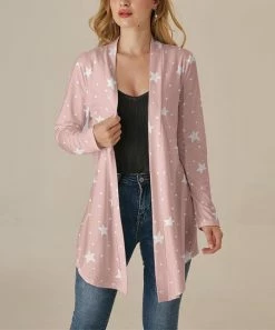 Discount ✨ Nanu | Pink & White Star Curved-Hem Open Cardigan - 👩 Women & Plus 👍