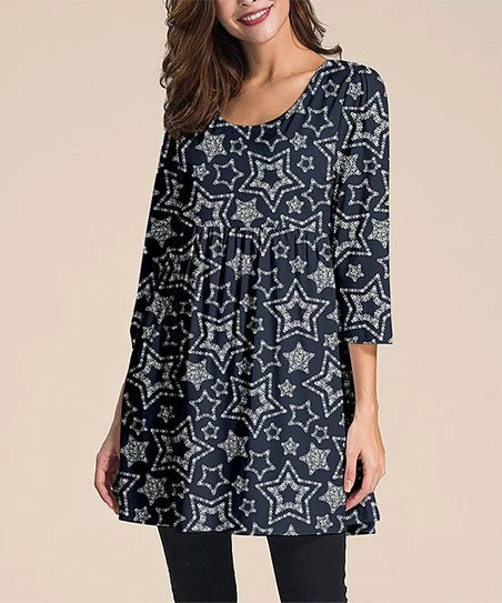 Best reviews of ๐ Nanu | Dark Blue & White Stars Three-Quarter Sleeve Empire-Waist Tunic - ๐ฉ Women & Plus ๐