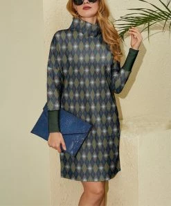 New ⌛ Nanu | Dark Blue Floral Argyle High Neck Banded-Cuff Shift 👗 Dress - 👩 Women 🧨