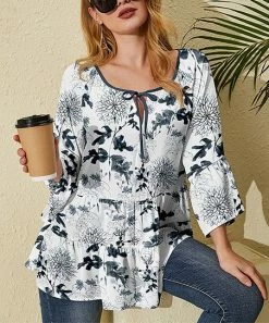 Best Pirce 🤩 Nanu | White & Navy Floral Tie-Neck Tiered Chiffon Tunic - 👩 Women & Plus ⭐