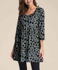 Wholesale 😀 Nanu | Black & Gray Leopard Print Three-Quarter Sleeve Empire-Waist Tunic - 👩 Women & Plus 🔔