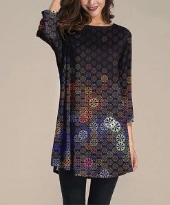 Outlet 🛒 Nanu | Black & Multicolor Snowflake Three-Quarter Sleeve Tunic - 👩 Women 😉