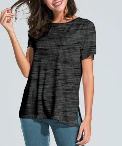Discount ❤️ Nanu | Black & Dark Gray Abstract Slit-Sleeve Split-Hem Tunic - 👩 Women 🎉