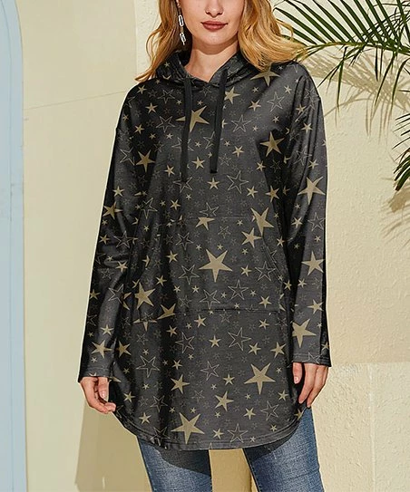 Top 10 ๐ Nanu | Black & Gold Stars Kangaroo-Pocket French Terry Hoodie - ๐ฉ Women & Plus ๐