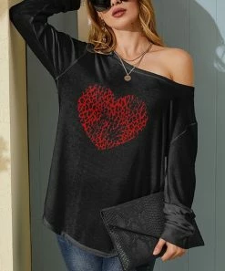 Wholesale 🔥 Nanu | Black & Red Leopard Heart Hacci Boatneck Dolman Pullover - 👩 Women 👏
