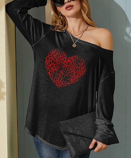 Wholesale ๐ฅ Nanu | Black & Red Leopard Heart Hacci Boatneck Dolman Pullover - ๐ฉ Women ๐