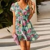Promo 👏 Nanu | Pink & Green Floral Short-Sleeve Ruffle-Hem 👗 Dress - 👩 Women 🌟
