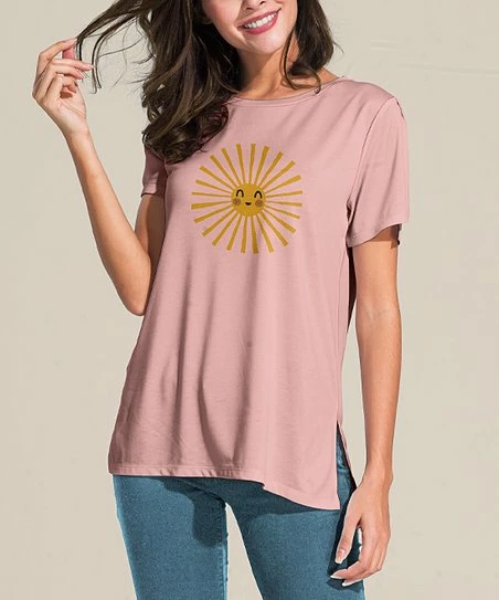 Promo β Nanu | Pink & Yellow Happy Sun Slit-Sleeve Split-Hem Tunic - π© Women & Plus π