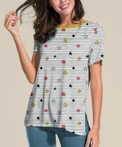 Cheap 🧨 Nanu | White Stripe & Stars Slit-Sleeve Split-Hem Tunic - 👩 Women & Plus 😉