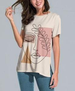 Coupon ❤️ Nanu | Cream Abstract Face Slit-Sleeve Split-Hem Tunic - Plus 👏