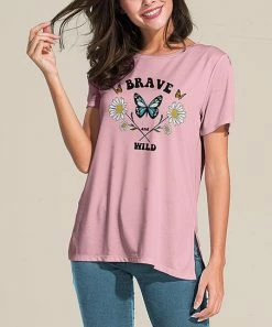 Best Sale 🔥 Nanu | Pink 'Brave' Daisy Butterflies Slit-Sleeve Split-Hem Tunic - 👩 Women 🔔