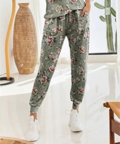 Best Pirce ⌛ Nanu | Gray & Green Floral Hacci Joggers - 👩 Women 🎉