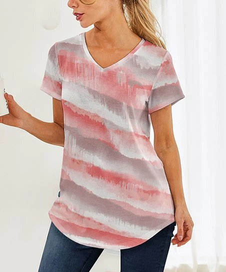 Wholesale ๐ Nanu | Jacinth & Gray Tie-Dye Hacci V-Neck Curved-Hem Tee - ๐ฉ Women ๐