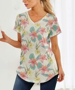 Best deal 🎁 Nanu | Yellow & Peach Tropical Floral Hacci V-Neck Curved-Hem Tee - Plus ⌛