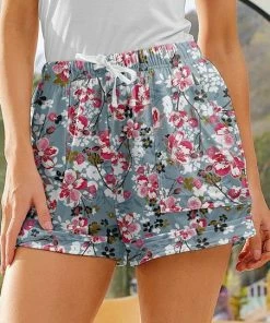 Best Sale 😉 Nanu | Gray Blue & Pink Floral Drawstring Pocket Cuffed-Hem Shorts - 👩 Women 🧨