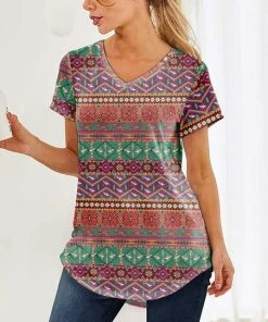 Outlet 👏 Nanu | Orange & Green Geometric Hacci V-Neck Curved-Hem Tee - Plus 🔔