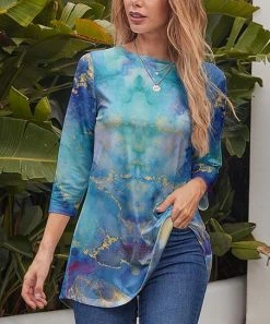 Coupon 🥰 Nanu | Blue & Gold Resin Three-Quarter Sleeve Tunic - Plus 🔔