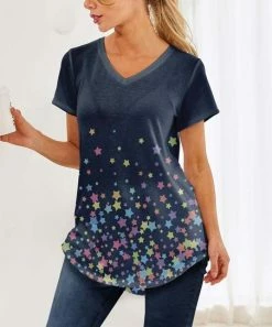 Discount ❤️ Nanu | Dark Blue Star Hacci V-Neck Curved-Hem Tee - 👩 Women & Plus 👍