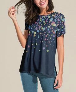 Wholesale ✨ Nanu | Dark Blue Star Slit-Sleeve Split-Hem Tunic - 👩 Women & Plus 👏