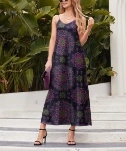 Promo 😍 Nanu | Navy & Pink Mandala V-Neck Sleeveless Maxi 👗 Dress - Plus 🎁