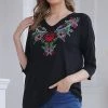 Best Pirce 👍 Nanu | Black & Red Floral Embroidered Three-Quarter Sleeve Top - 👩 Women & Plus 👍