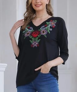 Best Pirce ๐ Nanu | Black & Red Floral Embroidered Three-Quarter Sleeve Top - ๐ฉ Women & Plus ๐