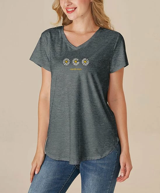 Best reviews of โ Nanu | Dark Heather Gray 'Keep Life Simple' Daisy V-Neck Curved-Hem Tee - ๐ฉ Women ๐