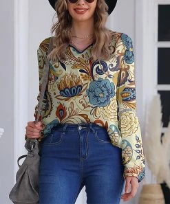 Best Sale โจ Nanu | Cream & Blue Floral V-Neck Chiffon Tunic - Plus ๐