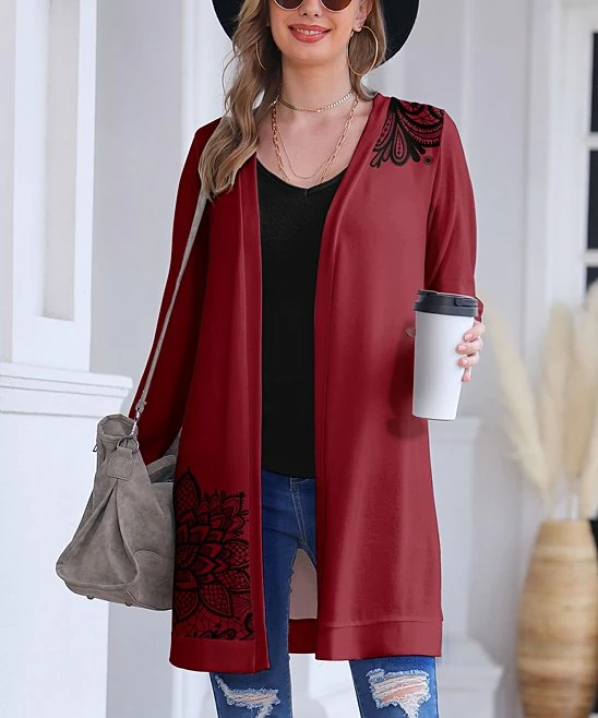 Best Pirce ๐ Nanu | Red & Black Floral Hacci Open Cardigan - Plus ๐