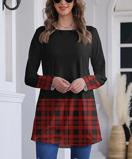 Best reviews of ๐คฉ Nanu | Black & Red Plaid Color Block Long-Sleeve Tunic - ๐ฉ Women โ
