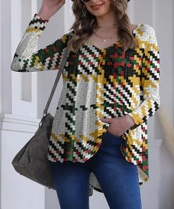 Buy 🌟 Nanu | White & Yellow Plaid V-Neck Long-Sleeve Tunic - 👩 Women 🤩