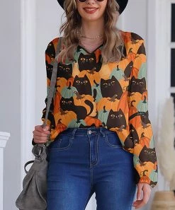 Budget โค๏ธ Nanu | Orange & Brown Cats & Pumpkins V-Neck Chiffon Tunic - ๐ฉ Women โญ