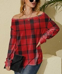Promo 💯 Nanu | Red & Black Plaid Hacci Boatneck Dolman Pullover - Plus 🥰