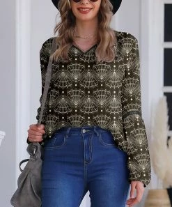 New 👍 Nanu | Dark Brown Art Deco V-Neck Chiffon Tunic - Plus 👍